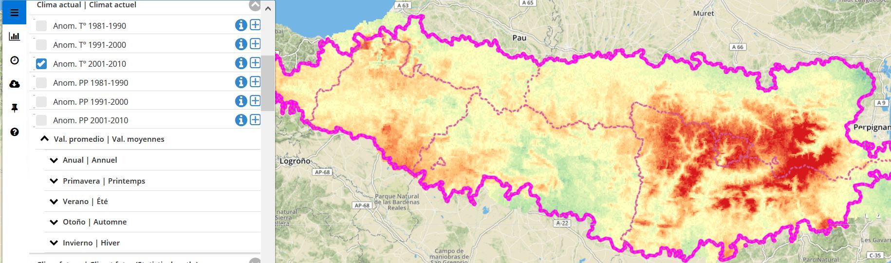 Anomalia de temperaturas en los Pirineos entre 2001 y 2010